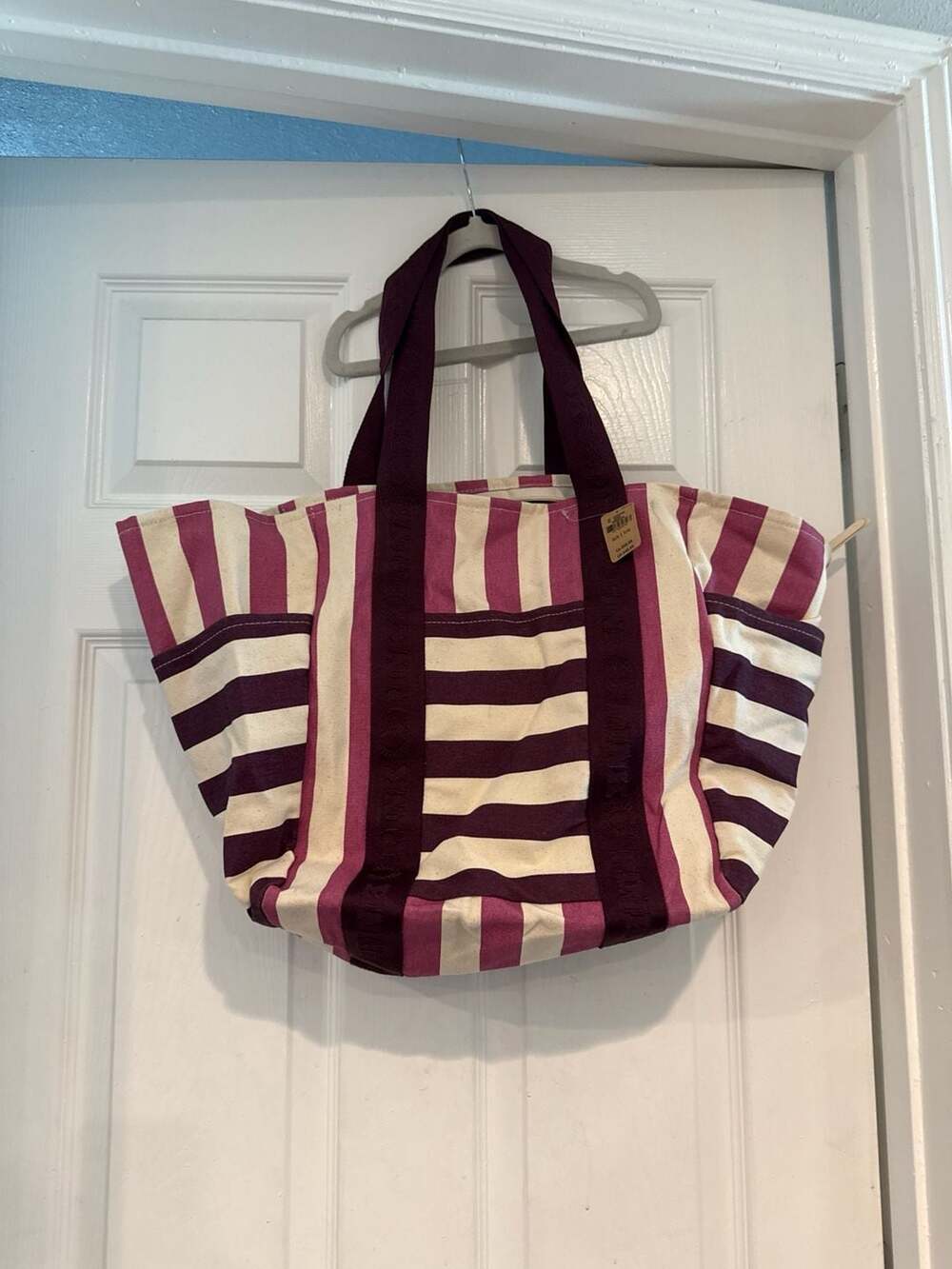 NWT Victoria's Secret PINK Striped Canvas XL Weekender Beach Tote Bag Purple